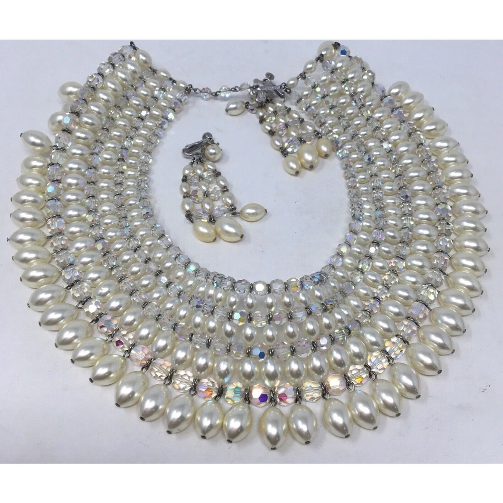 Vendome Faux Pearl Bib & AB Crystal Beads Vintage Runway Statement Necklace Set